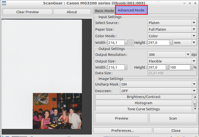 ScanGear : Canon MG3200 Series (libusb:001:005) 004